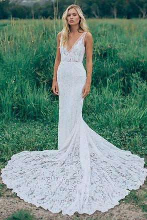 Straps V-neck Backless Long Mermaid Handmade Lace Wedding Dresses,WD775
