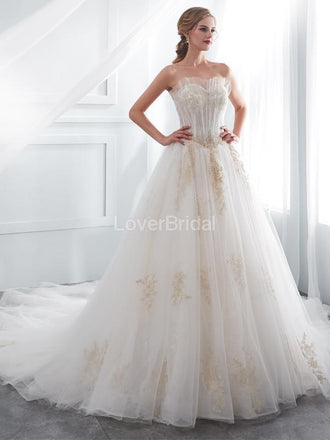 Sweetheart A-line Gold Lace Beaded Cheap Wedding Dresses Online, Cheap Bridal Dresses, WD571
