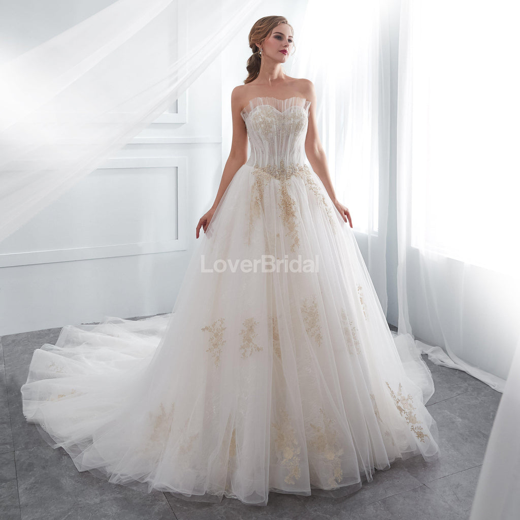 Sweetheart A-line Gold Lace Beaded Cheap Wedding Dresses Online, Cheap Bridal Dresses, WD571