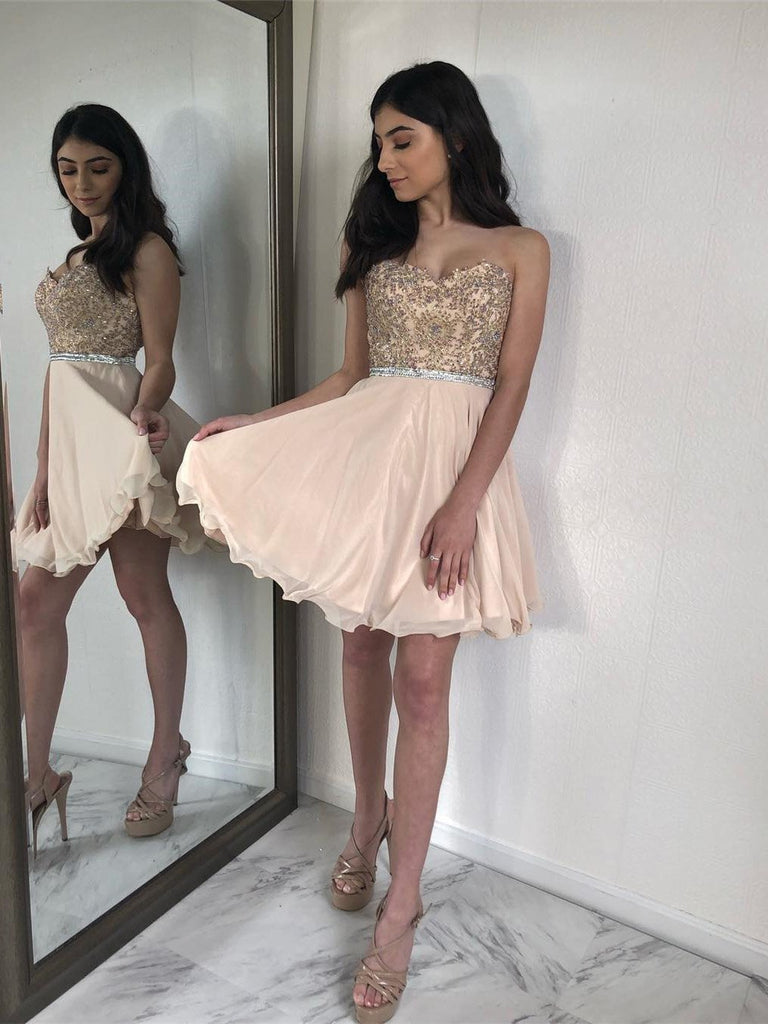 Sweetheart Champagne Lace Beaded Cheap Homecoming Dresses Online, CM720