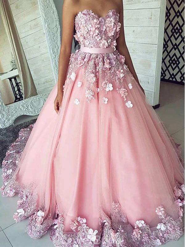 Sweetheart Lace Beaded Flower A-line Long Evening Prom Dresses, Evening Party Prom Dresses, 12185