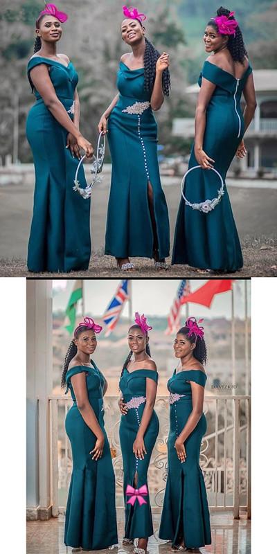 Teal Mermaid Off Shoulder Side Slit Cheap Long Bridesmaid Dresses Online,WG996