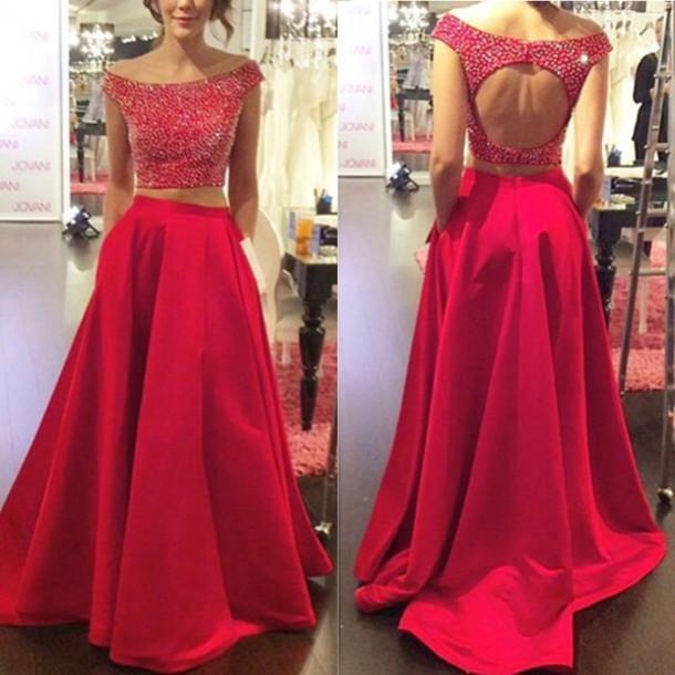 Two Pieces Backless Red Long Prom Dresses, Sexy Evening Prom Dress, Beaded Evening Prom Dress, Dresses For Prom, Custom Prom Dresses 2017, 17011