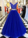 Two Pieces Blue A-line Off Shoulder V-neck Cheap Long Prom Dresses Online,12405