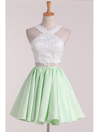 Two Pieces Halter Lace Short Homecoming Dresses Online, Cheap Short Prom Dresses, CM864
