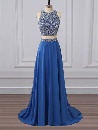 Two Pieces Rhinestone Beaded Chiffon Blue Long Evening Prom Dresses, 17655