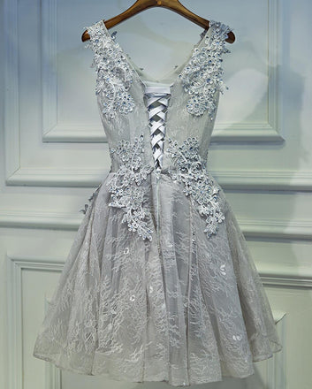 Two Straps Gray Lace Beaded Homecoming Prom Dresses, Affordable Short Party Prom Dresses, Perfect Homecoming Dresses, CM263