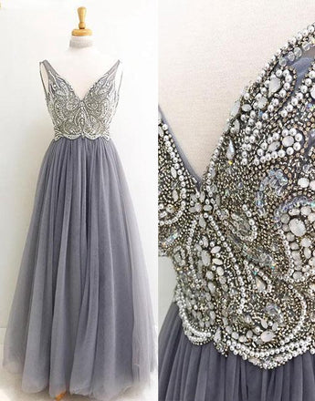 Two Straps V Neckline Heavily Beaded Long Evening Prom Dresses, Popular Cheap Long 2022 Party Prom Dresses, 17248