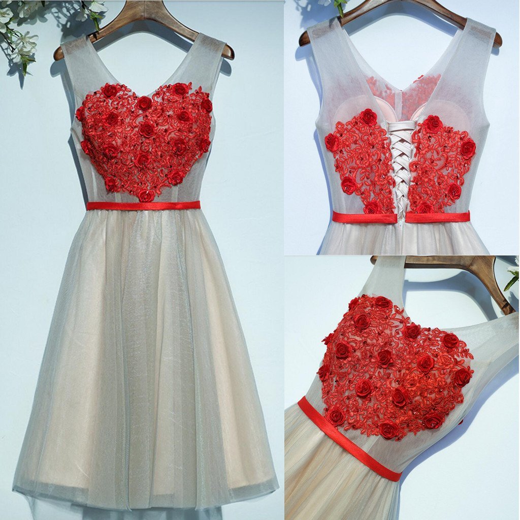 Two Straps V Neckline Red Lace Tulle Homecoming Prom Dresses, Affordable Corset Back Short Party Prom Dresses, Perfect Homecoming Dresses, CM243