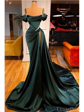 Unique Emerald Green Mermaid Spaghetti Straps High Slit Long Prom Dresses,12647