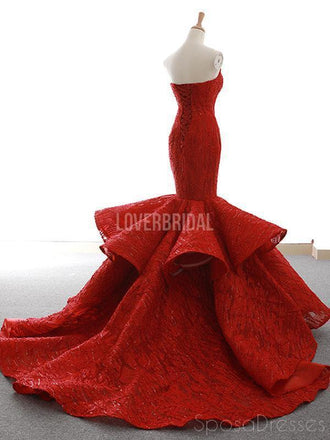 Unique Lace Red Mermaid Long Evening Prom Dresses, Evening Party Prom Dresses, 12261