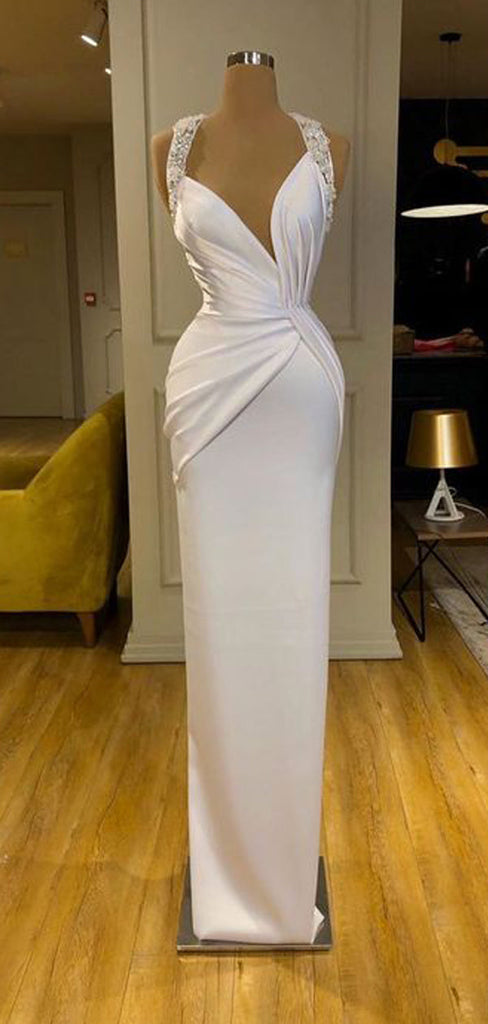 Unique White Sheath V-neck Cheap Long Prom Dresses Online,12818