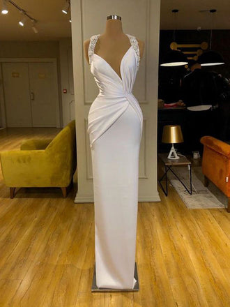 Unique White Sheath V-neck Cheap Long Prom Dresses Online,12818