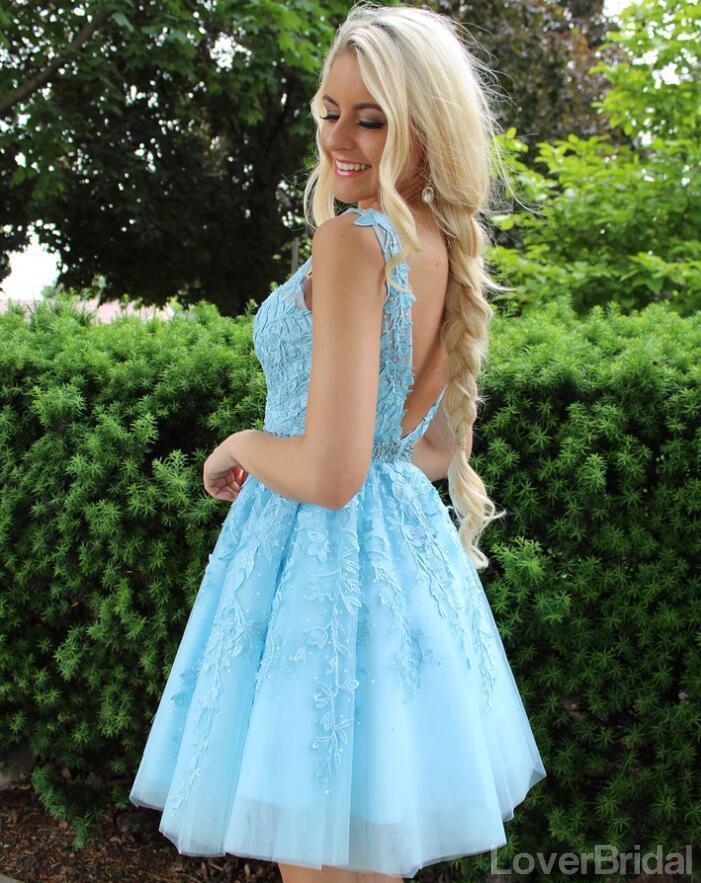 V Neck Blue Lace Short Cheap Homecoming Dresses Online, CM822