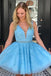 V Neck Blue Lace Short Cheap Homecoming Dresses Online, CM822