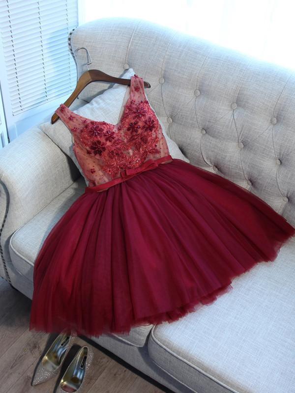 V Neck Burgundy Lace Cheap Short Homecoming Dresses Online, CM688