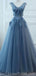 V Neck Dusty Blue Lace Beaded Long Evening Prom Dresses, Cheap Custom Party Prom Dresses, 18585