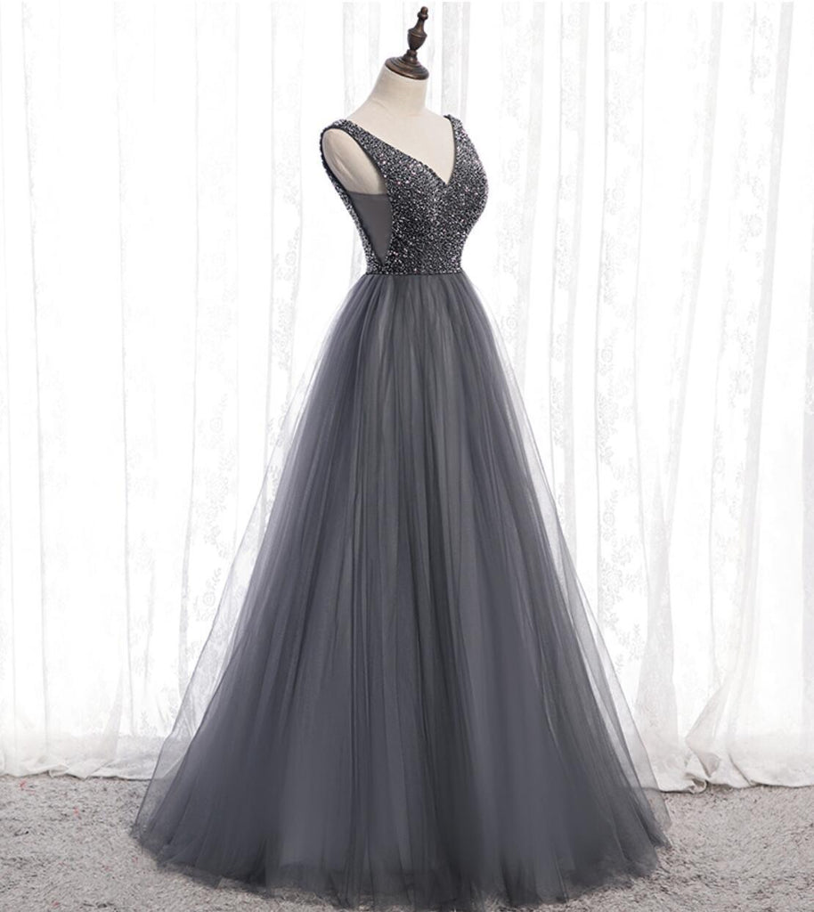 V Neck Grey Beaded Tulle Long Cheap Evening Prom Dresses, Evening Party Prom Dresses, 12331