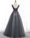 V Neck Grey Beaded Tulle Long Cheap Evening Prom Dresses, Evening Party Prom Dresses, 12331