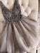 V Neck Grey Heavily Beaded Rhinestone Short Homecoming Dresses Online, CM672