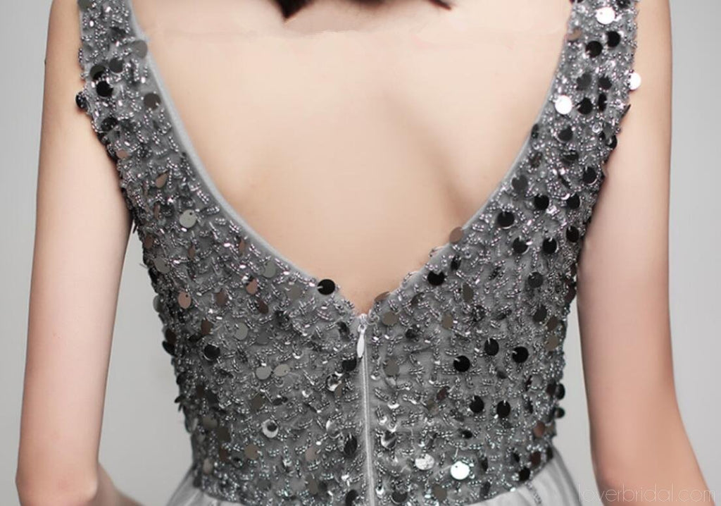 V Neck Grey Sequin Beaded Cheap Homecoming Dresses Online, Cheap Short Prom Dresses, CM763