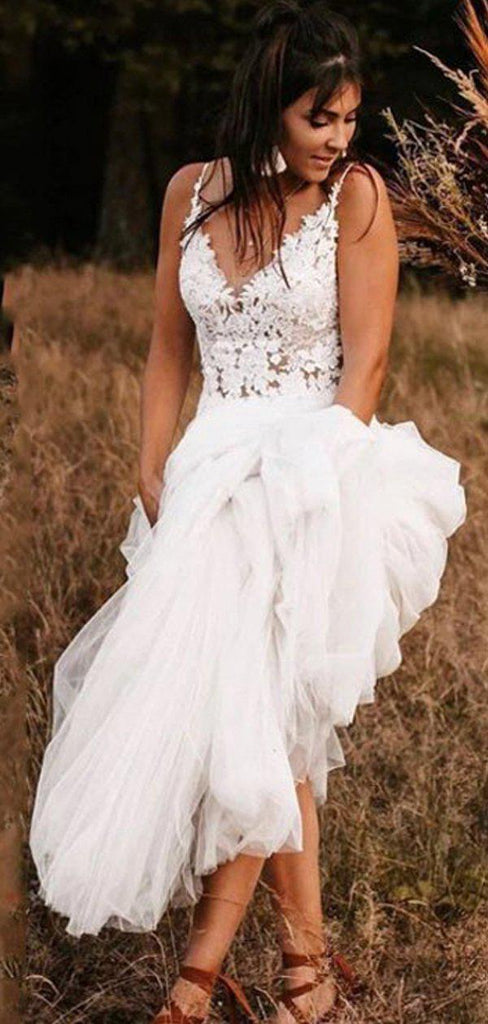 V Neck See Through Cheap Beach Wedding Dresses Online, Cheap Bridal Dresses, WD650