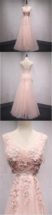 V Neckline Peach Lace Evening Prom Dresses, Popular Lace Party Prom Dresses, Custom Long Prom Dresses, Cheap Formal Prom Dresses, 17188
