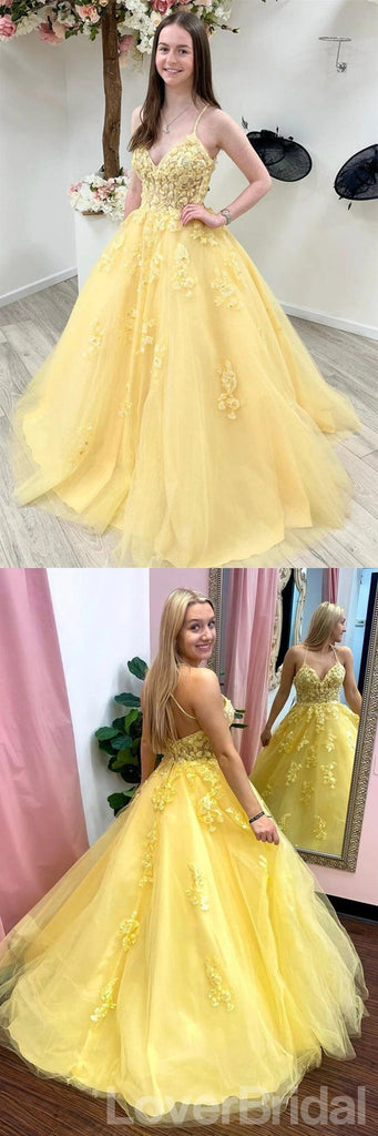 Yellow A-line Spaghetti Straps V-neck Cheap Long Prom Dresses Online,12619