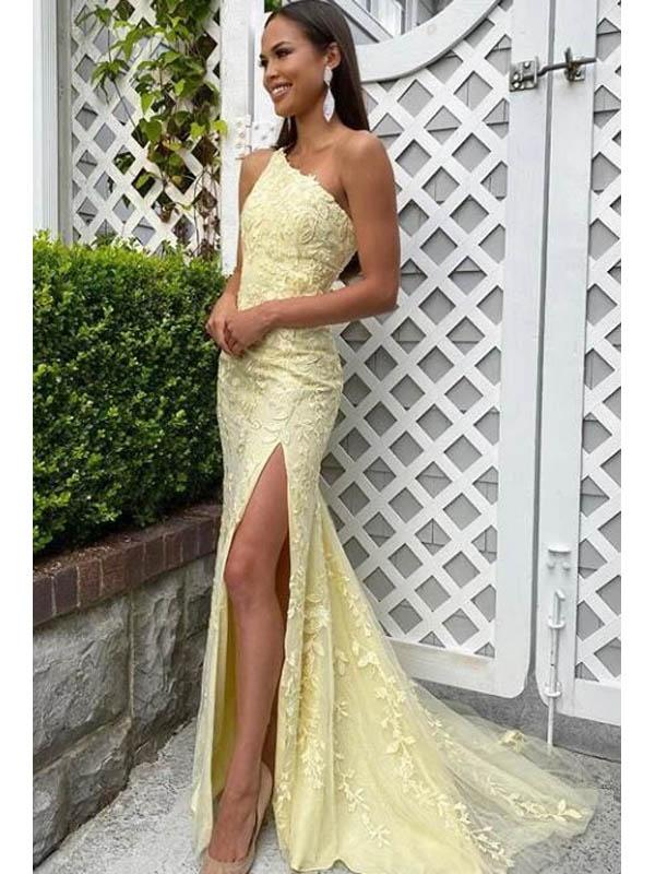 Yellow Mermaid One Shoulder High Slit Cheap Long Prom Dresses Online,12535