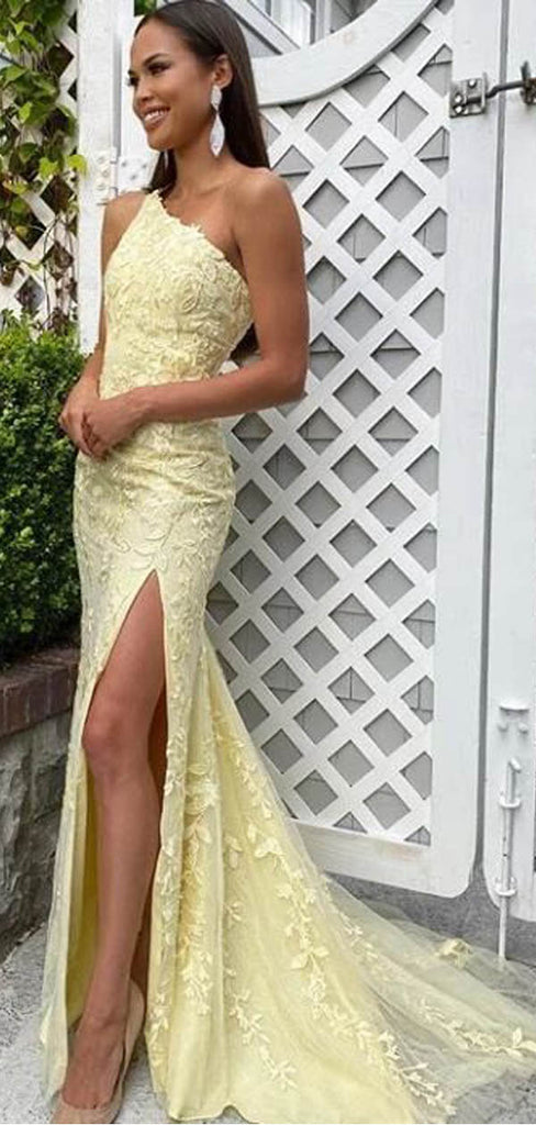 Yellow Mermaid One Shoulder High Slit Cheap Long Prom Dresses Online,12535