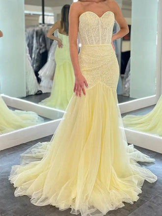 Yellow Mermaid Sweetheart Long Prom Dresses,Evening Dresses,12894
